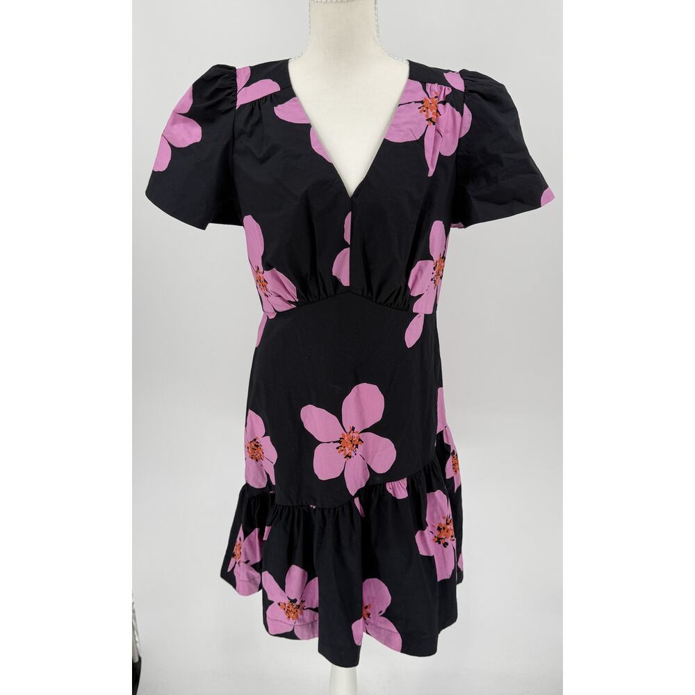 Kate Spade Grand Flora Dress Women's 8 Black Pink Floral Cotton Mini V-Neck NWT - Picture 2 of 8